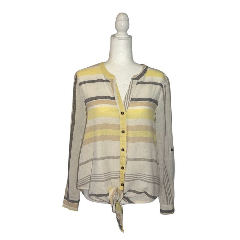 Marled linen blend yellow and gray striped notched neck tie front shirt - S